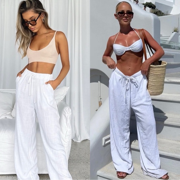 White Fox Boutique Pants - WHITE FOX BOUTIQUE White Linen Drawstring Pants Trousers